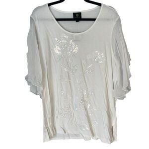 NWT JM Collection Beach Bliss Flowy Shoulder Ruffle Floral Sequin Shirt Top